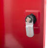 inside view of the red metal document cabinet key lock lock showing the locking mechanism and handle