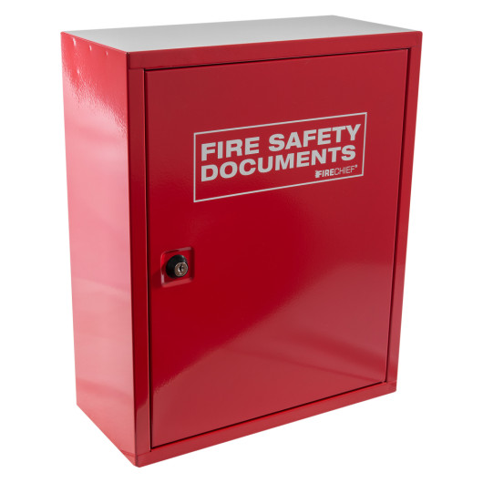 angled red metal document cabinet key lock with fire safety documents label on front panel