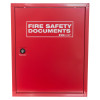 front view of red metal document cabinet key lock with fire safety documents label on door