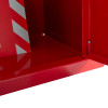 Close-up of the hinge on a red metal document cabinet key lock showing the cabinet edge and interior panel