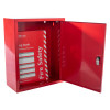 red metal document cabinet key lock shown open with red fire safety log book inside