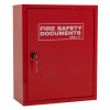 angled view of a red metal document cabinet with a lock and key showing the front panel labeled fire safety documents