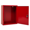 open red metal document cabinet showing the inside and locked door with keyhole