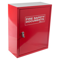 angled view of a red metal document cabinet hasp lock with fire safety documents label on the door