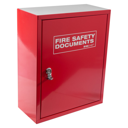 angled view of a red metal document cabinet hasp lock with fire safety documents label on the door