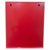 Back of a red metal document cabinet hasp lock showing a flat red surface with two keyhole mounting slots
