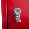 Close up of a red metal document cabinet hasp lock showing the silver locking mechanism and red background
