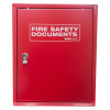 Front view of red metal document cabinet hasp lock with fire safety documents label and silver locking mechanism