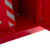 Close up of the red metal document cabinet hasp lock showing a hinge on the inside corner of the cabinet door