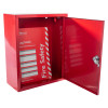 red metal document cabinet hasp lock open showing a red fire safety log book inside