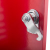 Close-up of red metal document cabinet hasp with a silver lock mechanism attached to a red surface