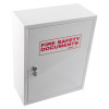 angled down view of a white metal document cabinet hasp lock with a fire safety documents label on the front