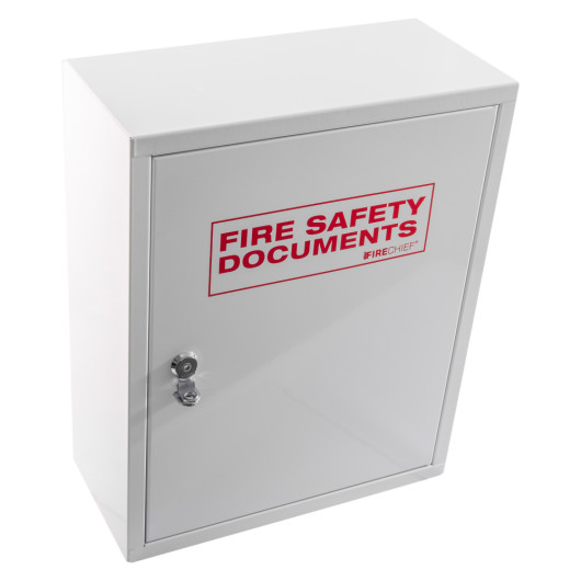 angled down view of a white metal document cabinet hasp lock with a fire safety documents label on the front