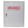 Front view of a white metal document cabinet with a hasp lock and red fire safety documents label