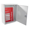 white metal document cabinet hasp lock open showing a red fire safety log book inside