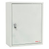 Angled view of a white metal document cabinet with a lock on the front panel and smooth flat surfaces