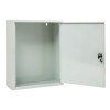 Open white metal document cabinet showing empty interior and door with lock handle
