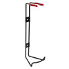 Angled view of a 600g powder extinguisher bracket made of black metal with red coated hooks