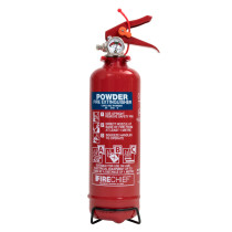 Red firechief 600g powder fire extinguisher with pressure gauge and metal bracket at base