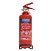 Red Firechief 800g powder fire extinguisher with instructions on the front and mounted on a black bracket