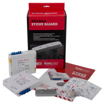 firechief kitchen stove guard with control units, instruction leaflets, and mounting accessories shown together