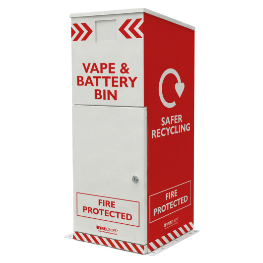 Firechief Vape And Battery Disposal Bin angled view showing red and white fire protected bin with recycling symbols