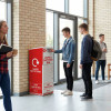 Firechief Vape And Battery Disposal Bin in situ with people disposing items in a bright public building foyer