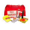 premium fire warden kit contents including a red bag, fire warden sign, cap, megaphone, torch, whistle, and other safety items