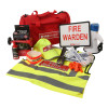 Contents of the premium fire warden kit including a red bag, high visibility vest, cap, sign, torch, gas horn, tape, whistles, and light sticks