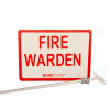 Red and white sign on a pole showing the words fire warden from the premium fire warden kit