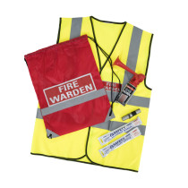 Fire warden safety kit containing a high-visibility yellow vest with reflective stripes, a red drawstring bag labeled 
