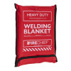 Red storage pouch with white text for Hsfwbh102 Heavy Duty Welding Blankets 1X2 Side showing branding and product details