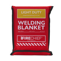 Hsfwbl101 Light Duty Welding Blanket 1X1 front view red protective cover with white and yellow print and black edges