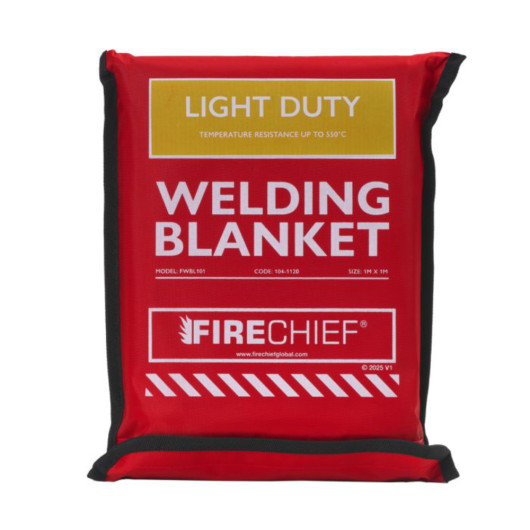 Hsfwbl101 Light Duty Welding Blanket 1X1 front view red protective cover with white and yellow print and black edges