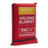 Red Hsfwbl102 Light Duty Welding Blanket folded and standing upright showing front packaging with white and yellow text