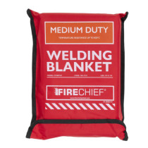 Hsfwbm101 Medium Duty Welding Blankets 1X1 Front view showing red packaging with white and orange text and black edges
