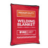 Red protective cover with white lettering for Hsfwbm102 Medium Duty Welding Blankets 1X2 Side showing branding and model details