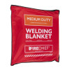 Red packaging showing the side of Hsfwbm203 Medium Duty Welding Blankets 2X3 with white and orange text and black edges
