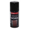 Front view of an emergency gas horn canister with black cap and printed label in red, white and black colors