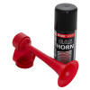 Emergency gas horn with red horn angled and black canister behind on white background