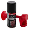 Emergency gas horn with a black canister and a red horn attached on a white background
