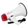 mini megaphone shown from an angled view with white body red rear and black strap attached