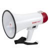 mini megaphone shown at an angled view with a white body, black rim, red end, and a black strap attached