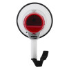 Back view of a mini megaphone with a white handle, red details, volume control, and a black strap attached