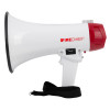 Front view of a mini megaphone in white with red detailing and a black strap attached