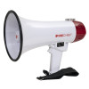 mini megaphone shown from the side with white and red body and attached black strap