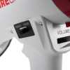 Close-up of a mini megaphone showing a black switch labelled siren and talk and a volume control knob