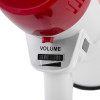 Close up of the volume control on a mini megaphone showing a black wheel and volume label