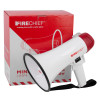 mini megaphone in white and red with black strap shown next to its red and white box