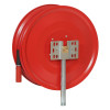 Back view of a 19mm fixed manual hose reel with hose showing mounting bracket and red reel body
